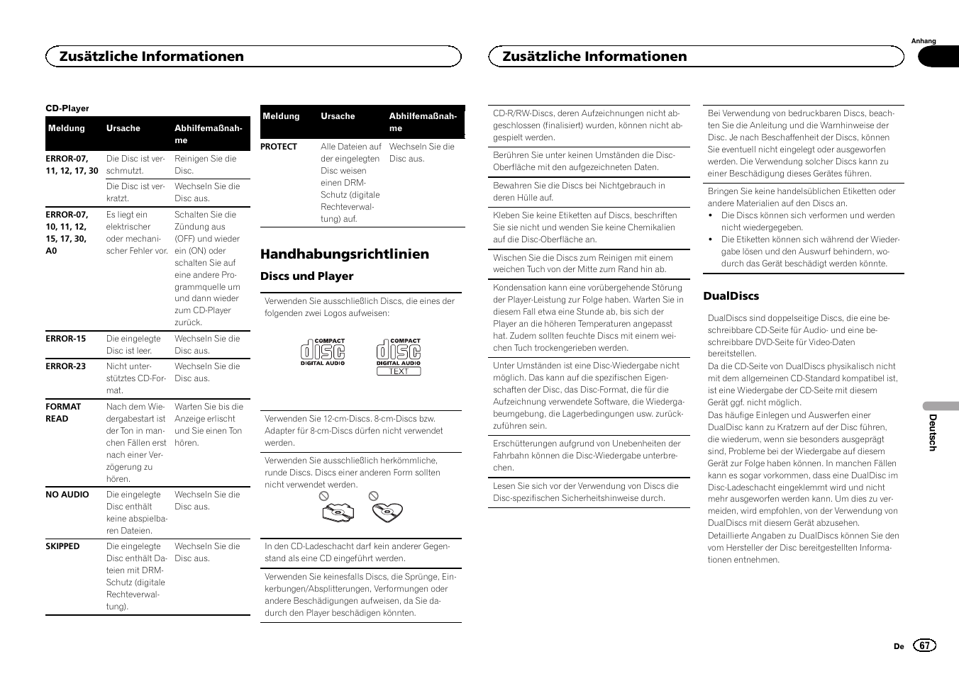 Handhabungsrichtlinien, Zusätzliche informationen | Pioneer DEH-150MPG User Manual | Page 67 / 96