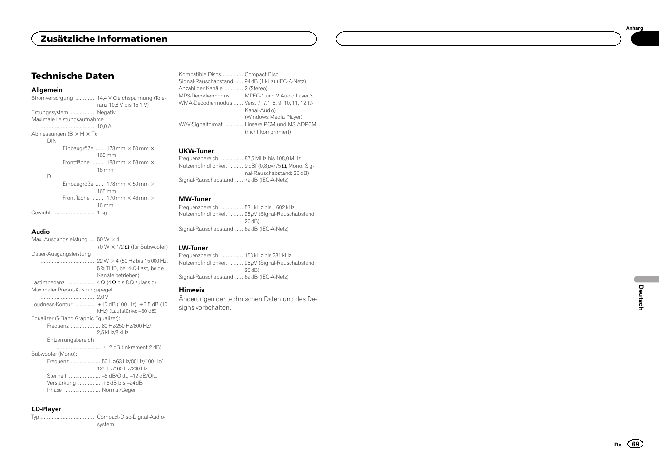 Technische daten, Zusätzliche informationen | Pioneer DEH-150MPG User Manual | Page 69 / 96