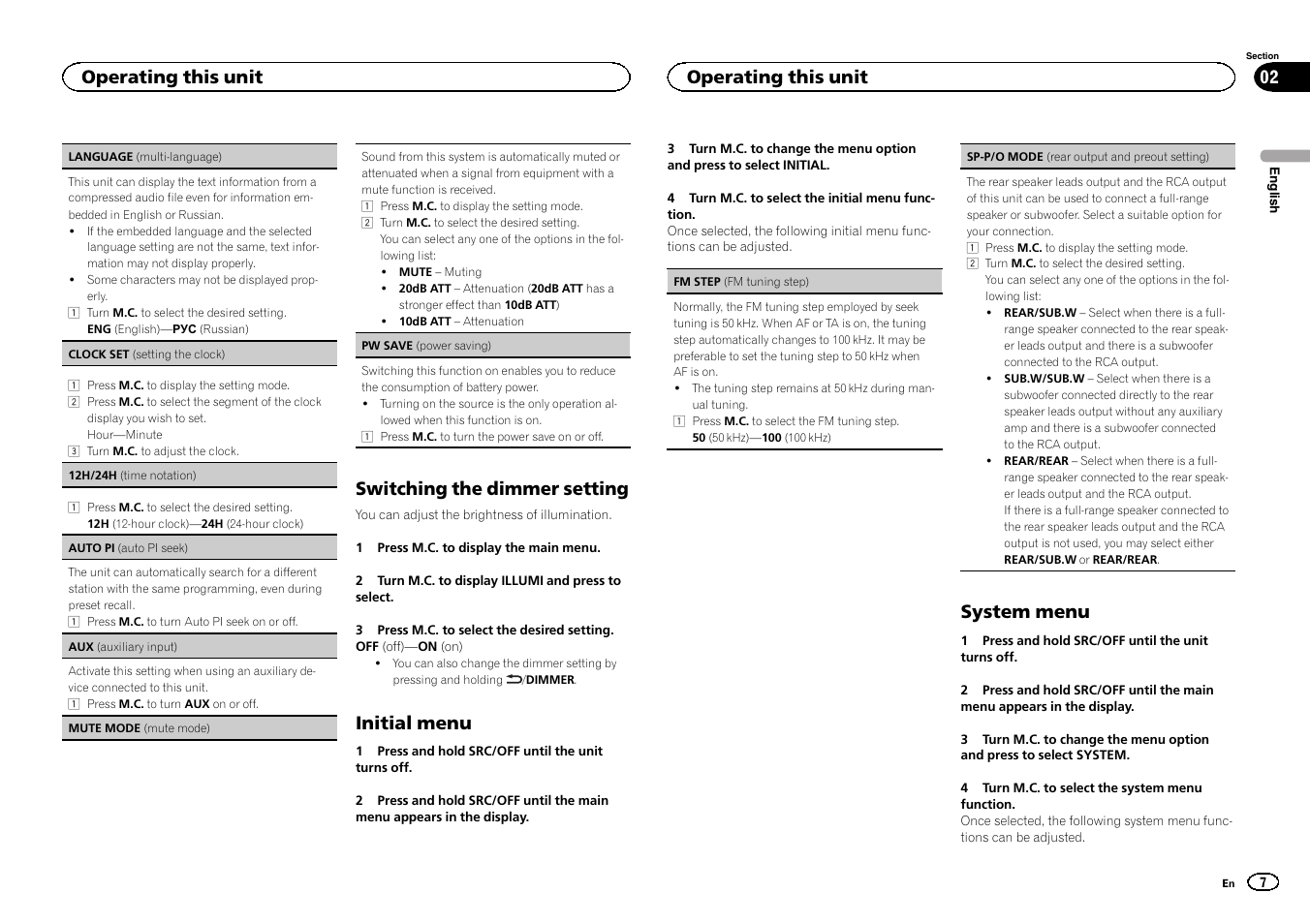 Switching the dimmer setting, Initial menu, System menu | Operating this unit | Pioneer DEH-150MPG User Manual | Page 7 / 96