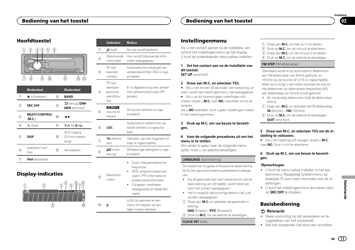 Hoofdtoestel, Display-indicaties, Instellingenmenu | Basisbediening, Bediening van het toestel | Pioneer DEH-150MPG User Manual | Page 71 / 96