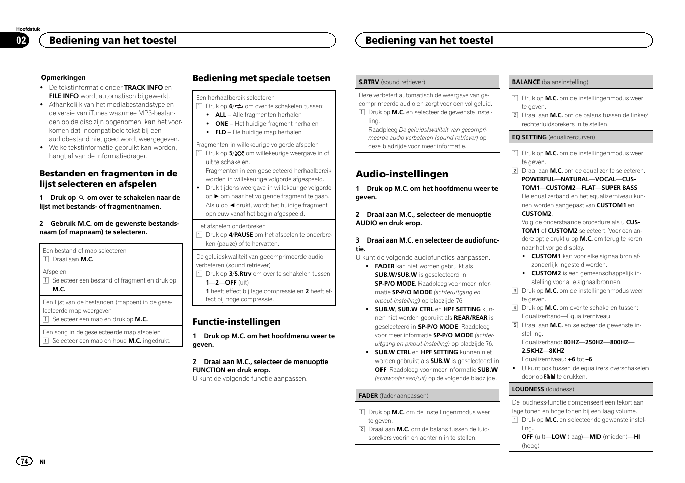Audio-instellingen, Bediening van het toestel | Pioneer DEH-150MPG User Manual | Page 74 / 96