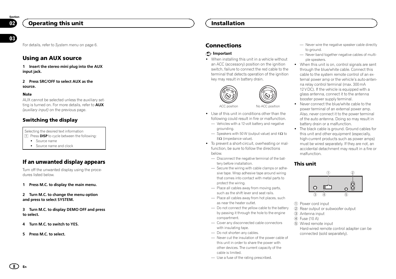 Using an aux source, If an unwanted display appears, Connections | Operating this unit, Installation | Pioneer DEH-150MPG User Manual | Page 8 / 96