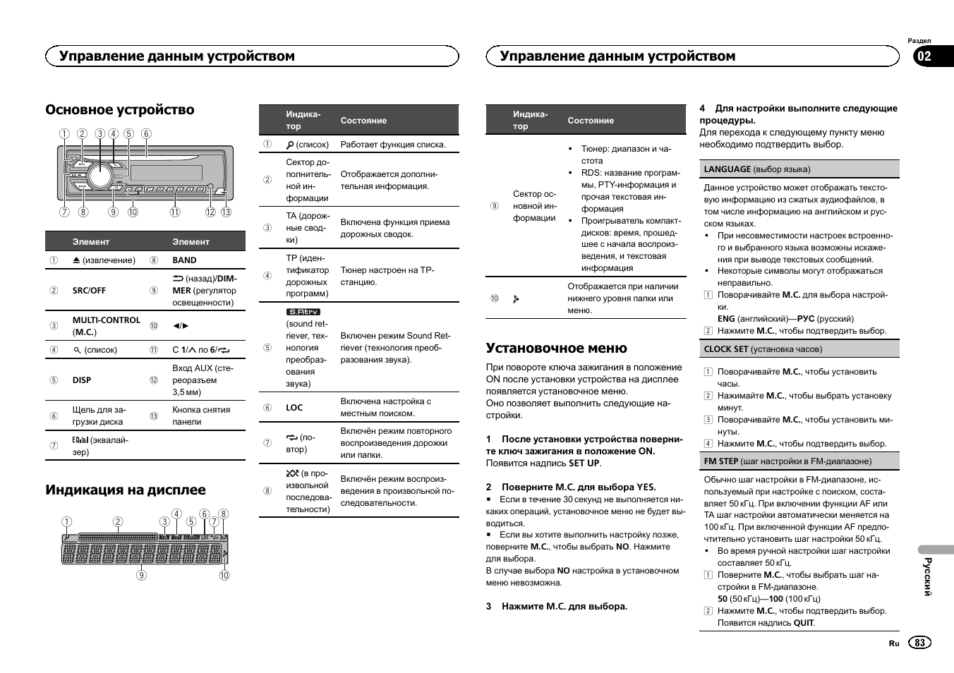 Основное устройство, Индикация на дисплее, Установочное меню | Управление данным устройством | Pioneer DEH-150MPG User Manual | Page 83 / 96