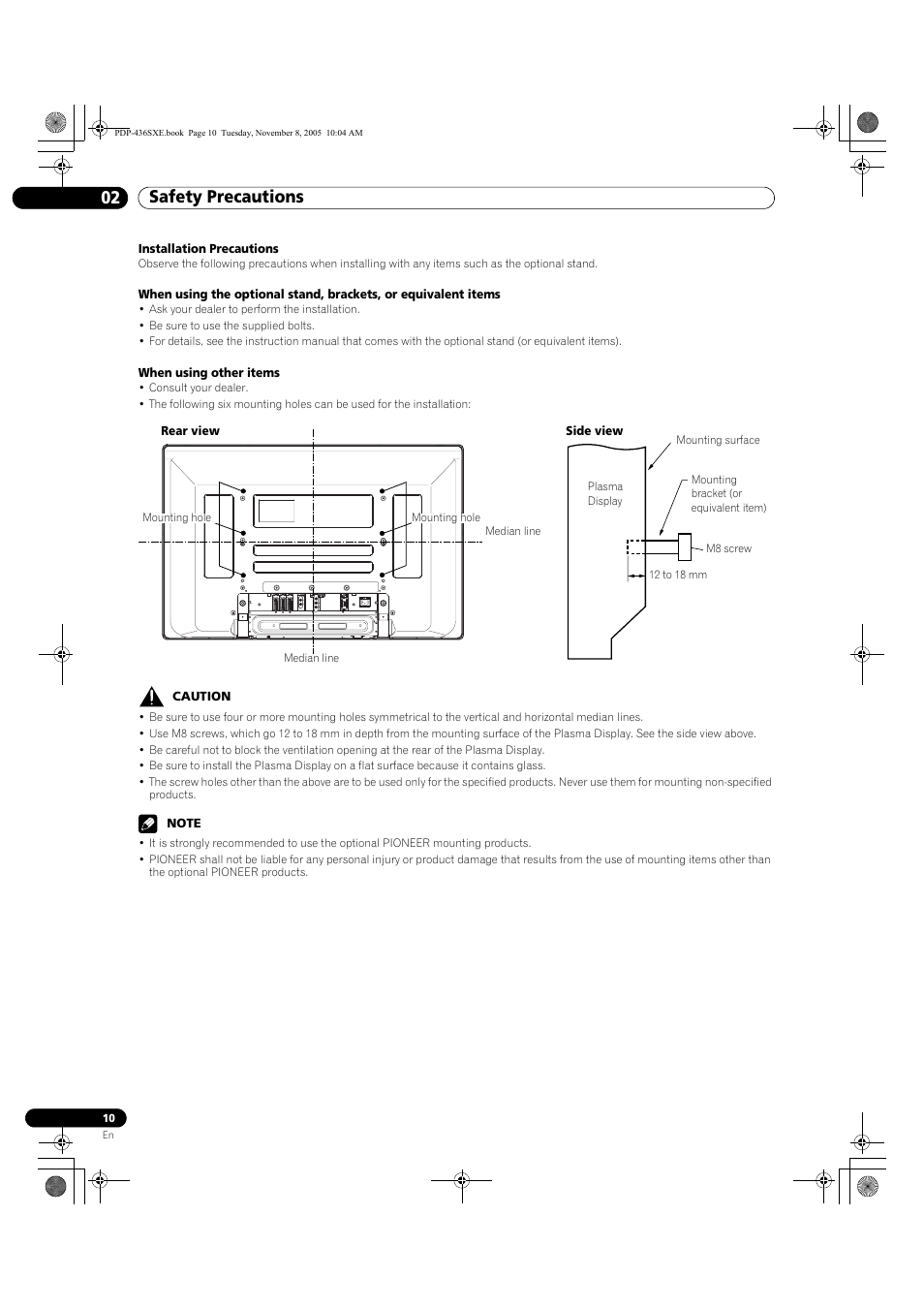Safety precautions 02 | Pioneer PDP-436SXE User Manual | Page 10 / 176