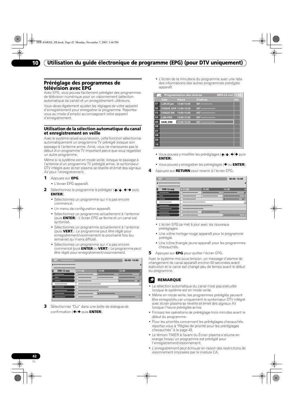 Préréglage des programmes de télévision avec epg, Remarque | Pioneer PDP-436SXE User Manual | Page 100 / 176