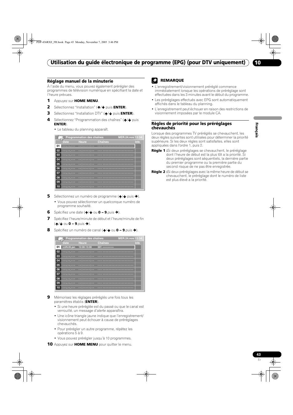 Réglage manuel de la minuterie, Règles de priorité pour les préréglages chevauchés, Remarque | Pioneer PDP-436SXE User Manual | Page 101 / 176