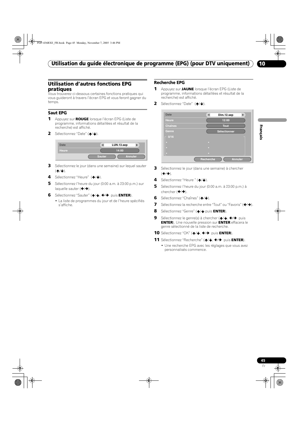 Utilisation d’autres fonctions epg pratiques, Saut epg recherche epg | Pioneer PDP-436SXE User Manual | Page 103 / 176