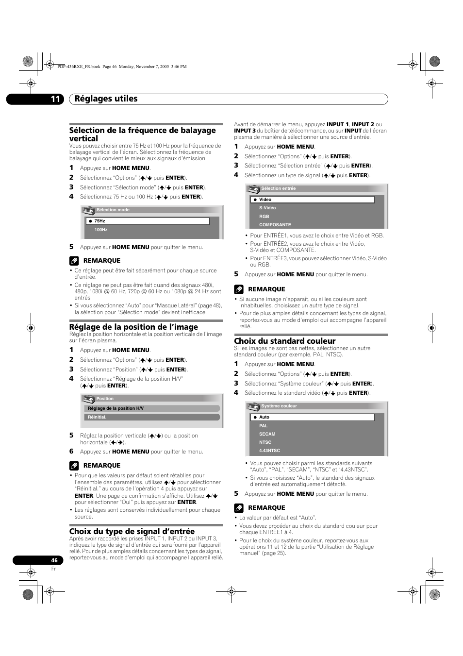 11 réglages utiles, Réglages utiles 11 réglages utiles, Sélection de la fréquence de balayage vertical | Réglage de la position de l’image, Choix du type de signal d’entrée, Choix du standard couleur | Pioneer PDP-436SXE User Manual | Page 104 / 176