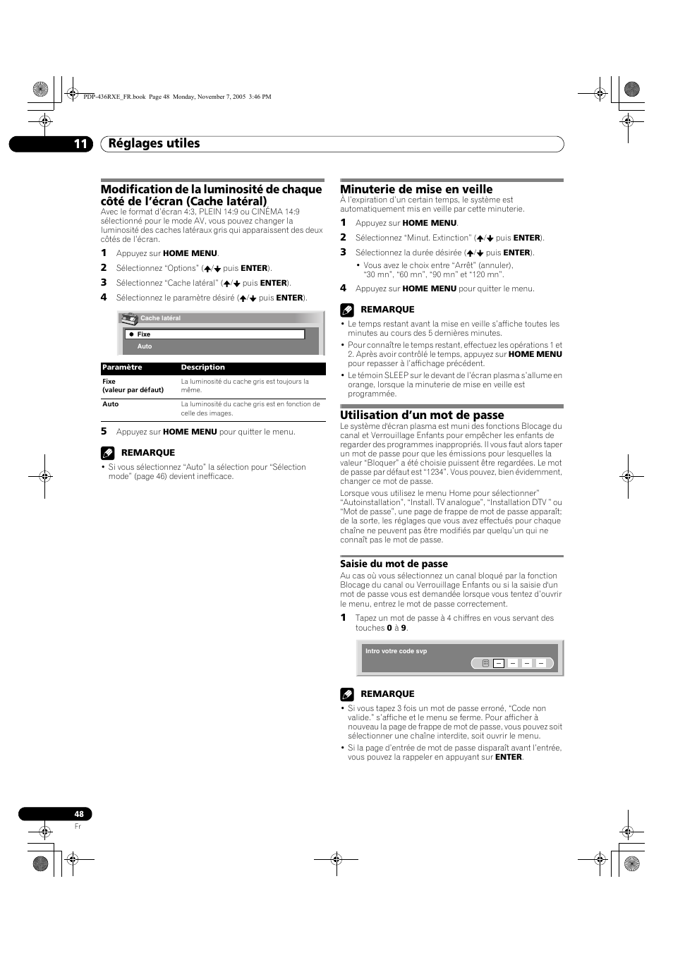 Saisie du mot de passe, Réglages utiles 11, Minuterie de mise en veille | Utilisation d’un mot de passe | Pioneer PDP-436SXE User Manual | Page 106 / 176