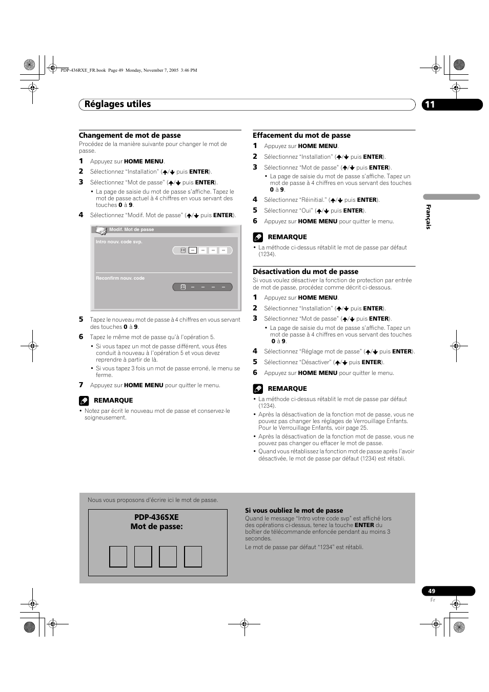 Réglages utiles 11 | Pioneer PDP-436SXE User Manual | Page 107 / 176