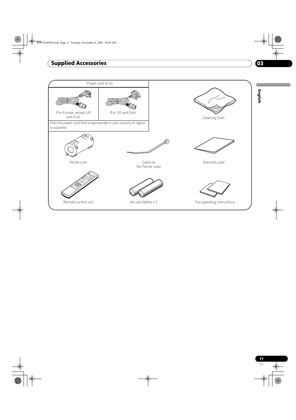 03 supplied accessories, Supplied accessories 03, Supplied accessories | Pioneer PDP-436SXE User Manual | Page 11 / 176