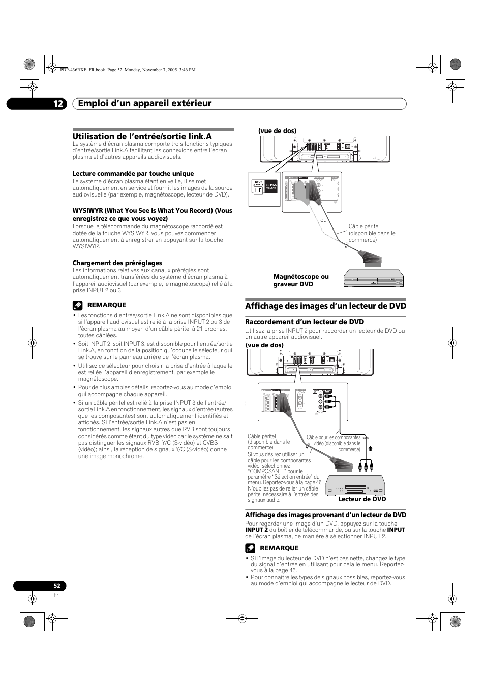Emploi d’un appareil extérieur 12, Utilisation de l’entrée/sortie link.a, Affichage des images d’un lecteur de dvd | Raccordement d’un lecteur de dvd, Affichage des images provenant d’un lecteur de dvd | Pioneer PDP-436SXE User Manual | Page 110 / 176