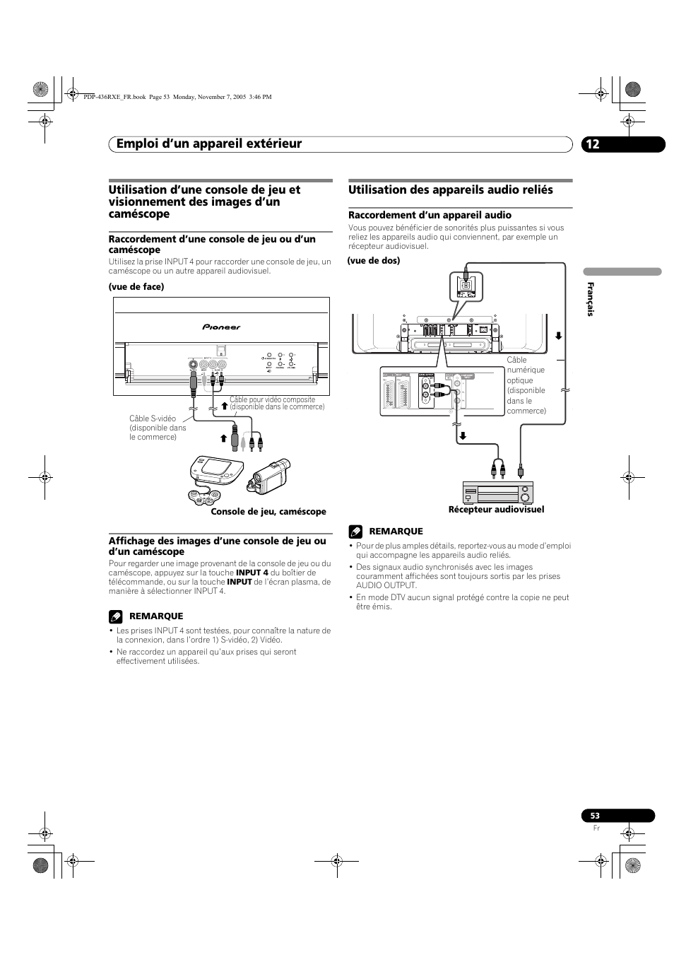 Utilisation des appareils audio reliés, Raccordement d’un appareil audio, Emploi d’un appareil extérieur 12 | Pioneer PDP-436SXE User Manual | Page 111 / 176