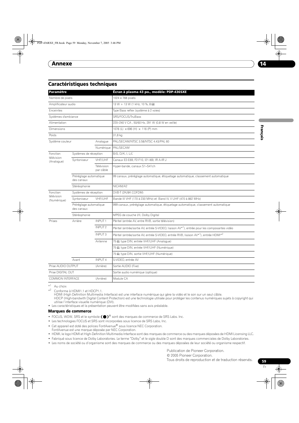 Caractéristiques techniques, Annexe 14, Marques de commerce | Pioneer PDP-436SXE User Manual | Page 117 / 176
