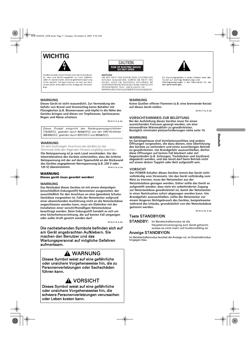 Warnung, Vorsicht | Pioneer PDP-436SXE User Manual | Page 119 / 176