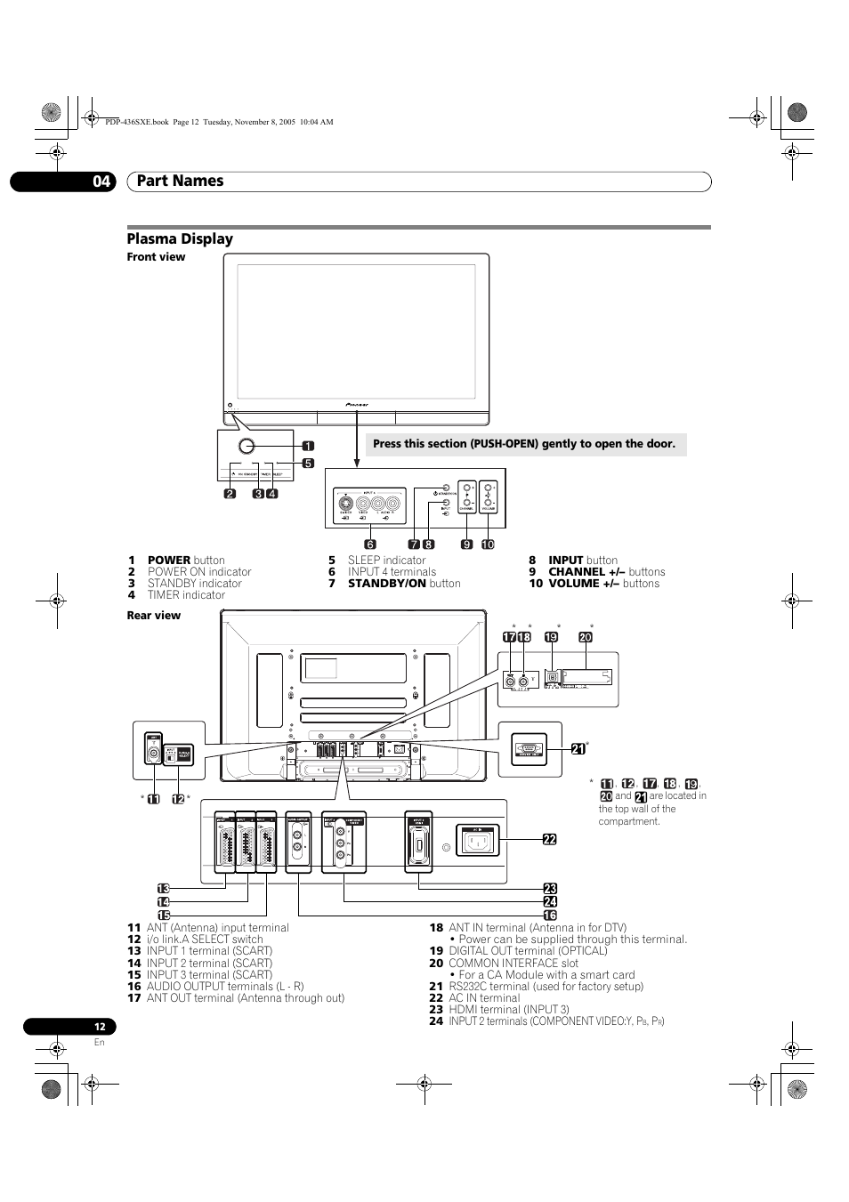 04 part names, Plasma display, Part names 04 part names | Pioneer PDP-436SXE User Manual | Page 12 / 176