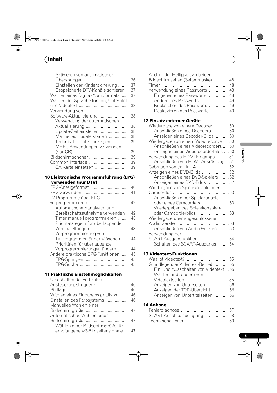 Inhalt | Pioneer PDP-436SXE User Manual | Page 121 / 176