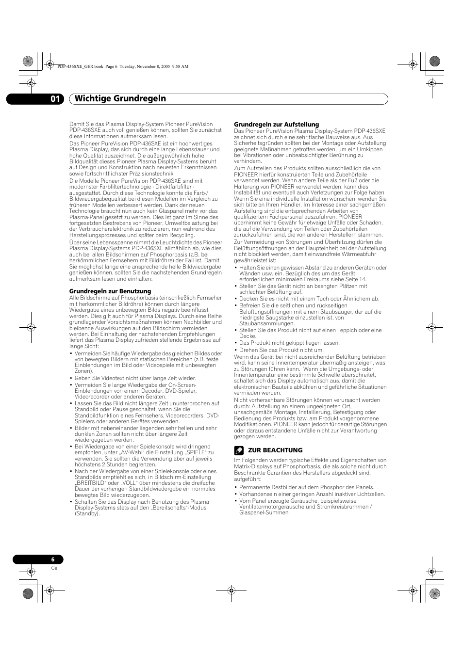 01 wichtige grundregeln, Wichtige grundregeln 01 wichtige grundregeln | Pioneer PDP-436SXE User Manual | Page 122 / 176