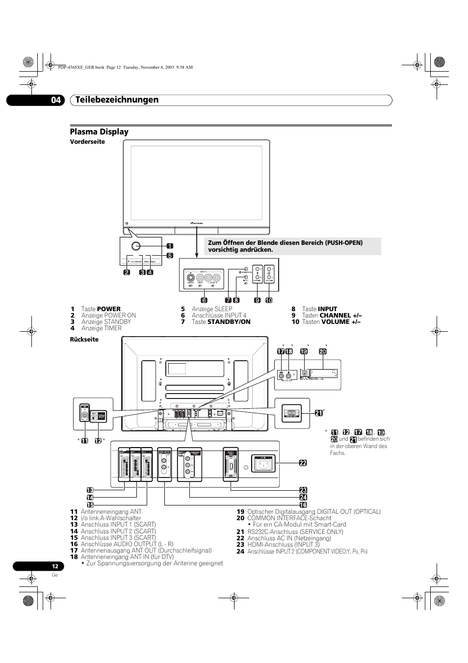 04 teilebezeichnungen, Plasma display, Teilebezeichnungen 04 teilebezeichnungen | Pioneer PDP-436SXE User Manual | Page 128 / 176