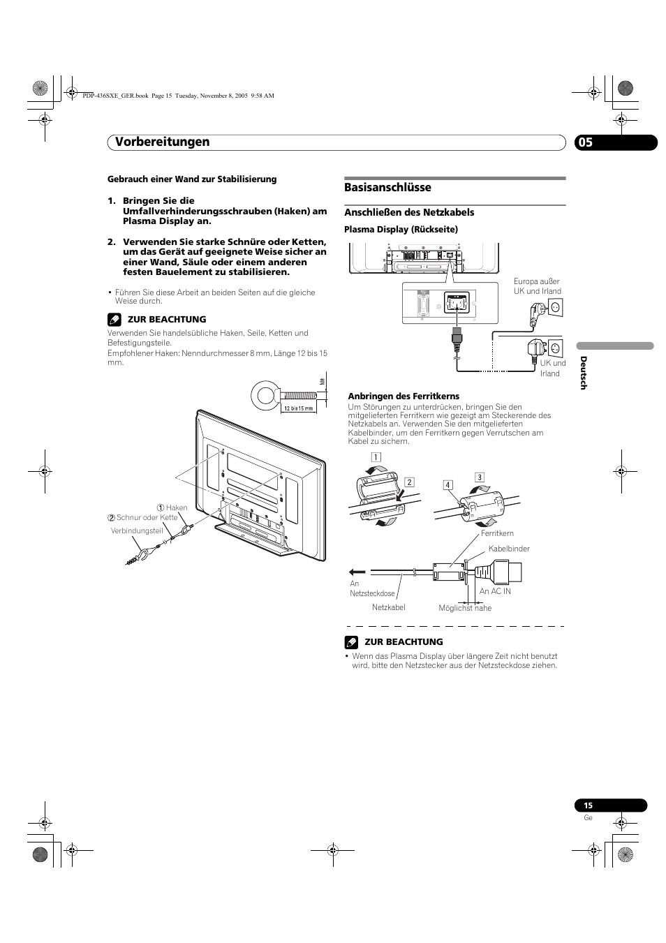 Basisanschlüsse, Anschließen des netzkabels, Vorbereitungen 05 | Pioneer PDP-436SXE User Manual | Page 131 / 176