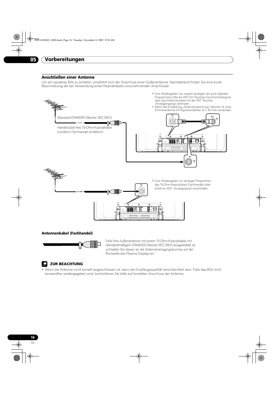Anschließen einer antenne, Vorbereitungen 05 | Pioneer PDP-436SXE User Manual | Page 132 / 176