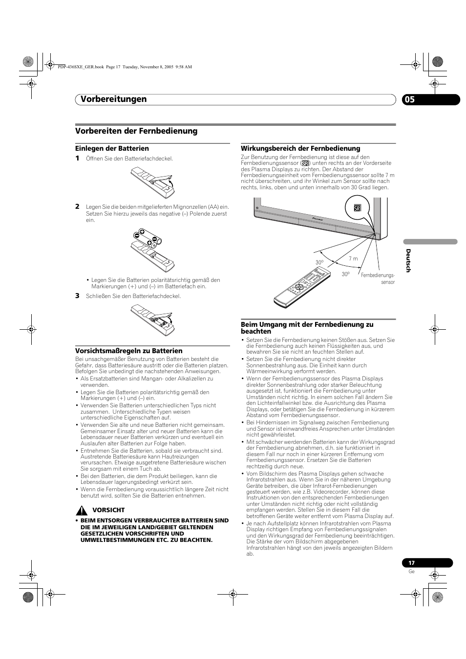 Vorbereiten der fernbedienung, Vorbereitungen 05 | Pioneer PDP-436SXE User Manual | Page 133 / 176