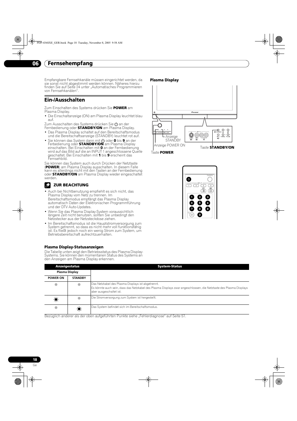 06 fernsehempfang, Ein-/ausschalten, Fernsehempfang 06 fernsehempfang | Pioneer PDP-436SXE User Manual | Page 134 / 176