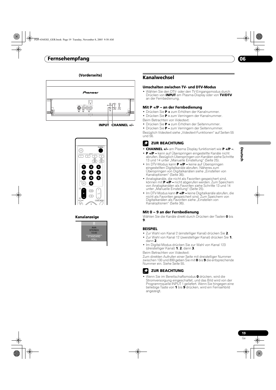 Kanalwechsel, Fernsehempfang 06 | Pioneer PDP-436SXE User Manual | Page 135 / 176