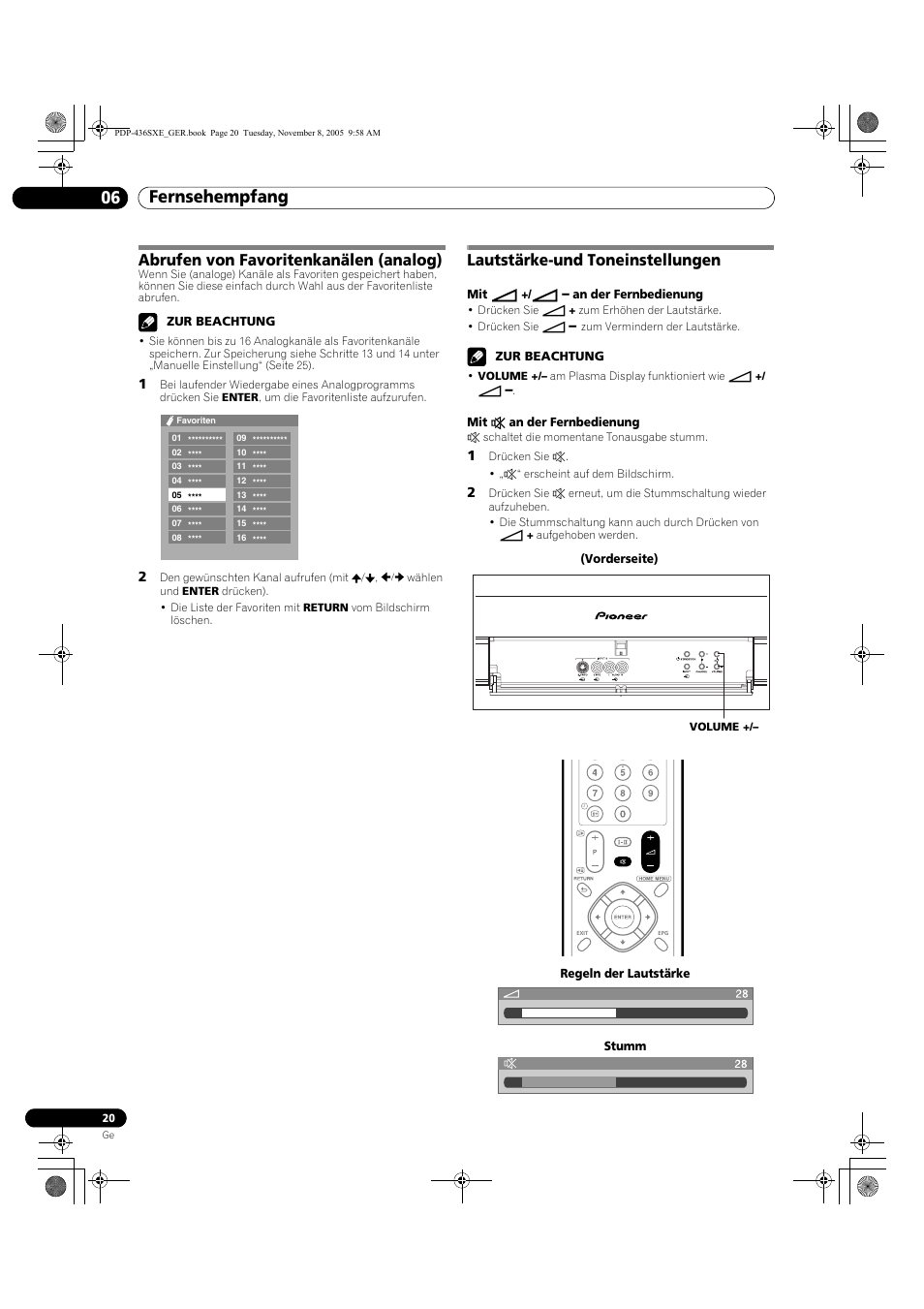 Fernsehempfang 06, Abrufen von favoritenkanälen (analog), Lautstärke-und toneinstellungen | Pioneer PDP-436SXE User Manual | Page 136 / 176