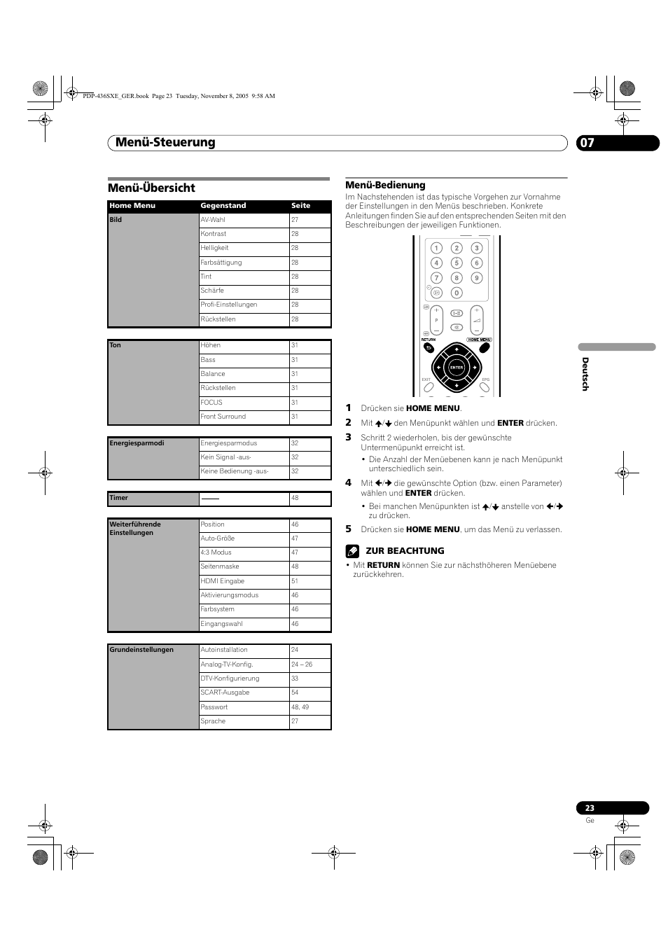 07 menü-steuerung, Menü-übersicht, Menü-bedienung | Menü-steuerung 07, Menü-steuerung | Pioneer PDP-436SXE User Manual | Page 139 / 176
