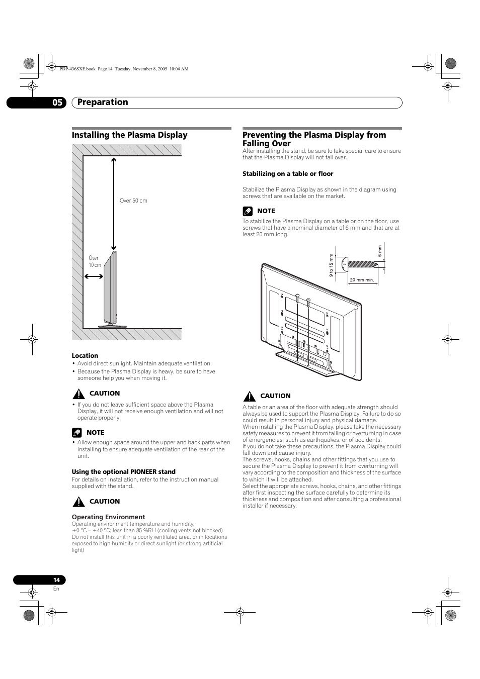 05 preparation, Preparation 05 preparation, Installing the plasma display | Preventing the plasma display from falling over | Pioneer PDP-436SXE User Manual | Page 14 / 176