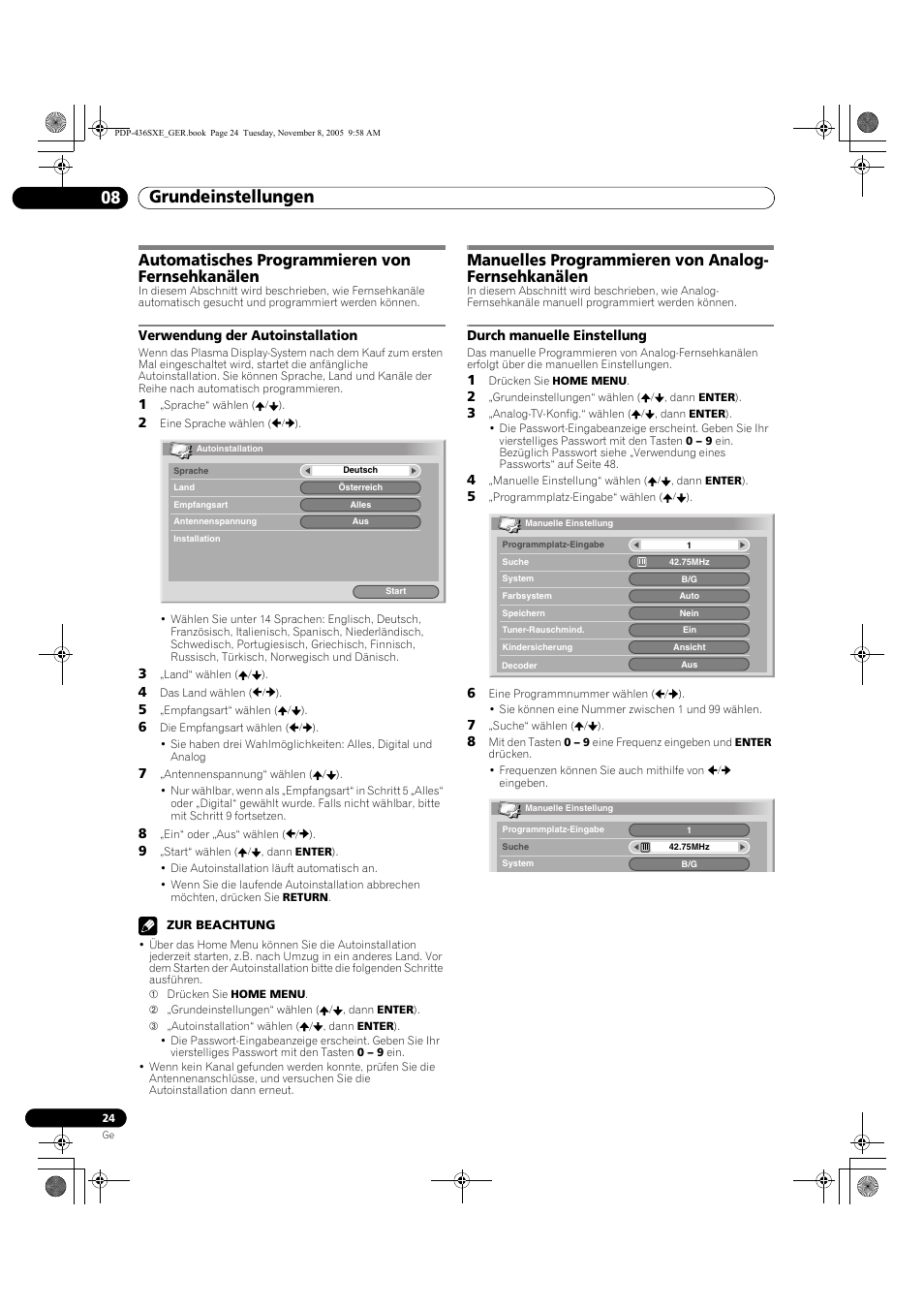 08 grundeinstellungen, Automatisches programmieren von fernsehkanälen, Verwendung der autoinstallation | Manuelles programmieren von analog-fernsehkanälen, Durch manuelle einstellung, Grundeinstellungen 08 grundeinstellungen, Manuelles programmieren von analog- fernsehkanälen | Pioneer PDP-436SXE User Manual | Page 140 / 176