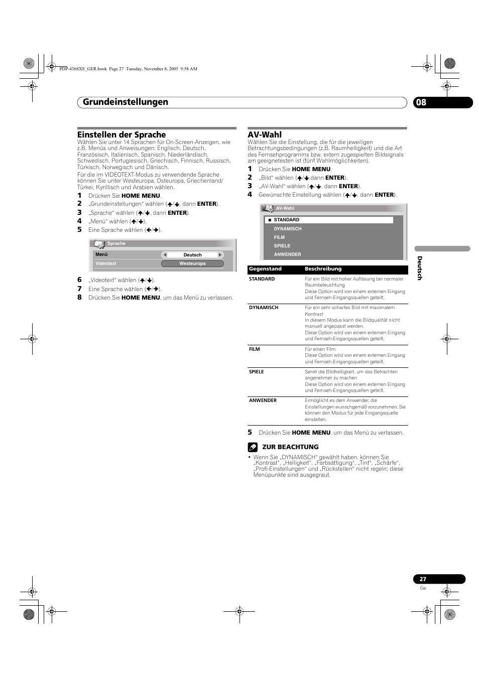 Einstellen der sprache av-wahl, Grundeinstellungen 08, Einstellen der sprache | Av-wahl | Pioneer PDP-436SXE User Manual | Page 143 / 176