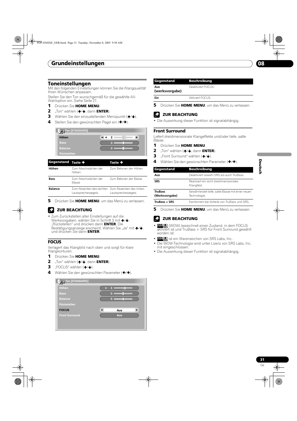 Toneinstellungen, Focus front surround, Grundeinstellungen 08 | Pioneer PDP-436SXE User Manual | Page 147 / 176