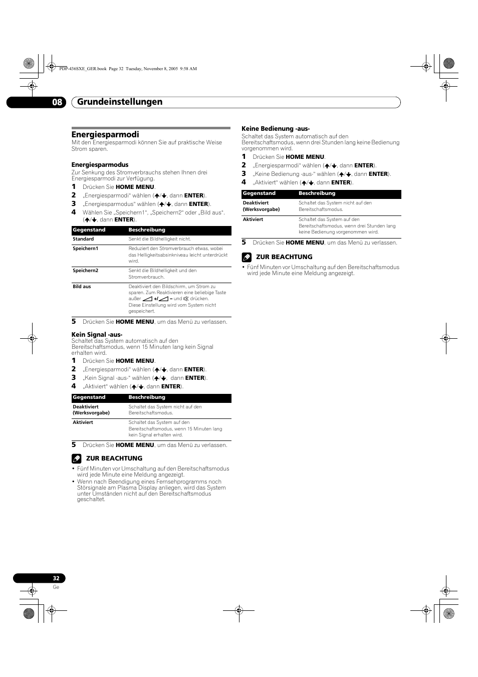Energiesparmodi, Grundeinstellungen 08 | Pioneer PDP-436SXE User Manual | Page 148 / 176