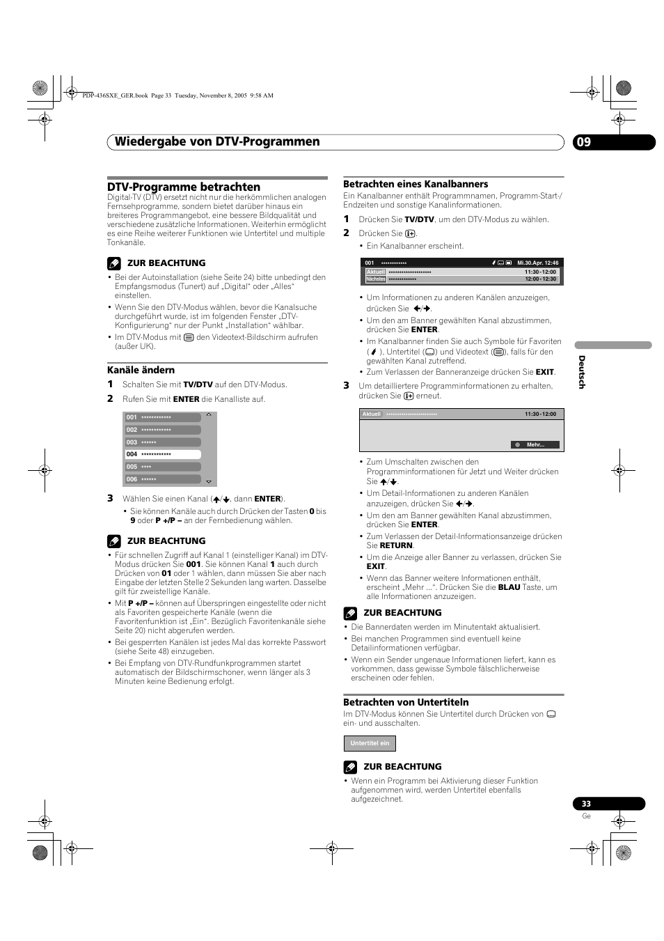 09 wiedergabe von dtv-programmen, Dtv-programme betrachten, Wiedergabe von dtv-programmen 09 | Wiedergabe von dtv-programmen | Pioneer PDP-436SXE User Manual | Page 149 / 176