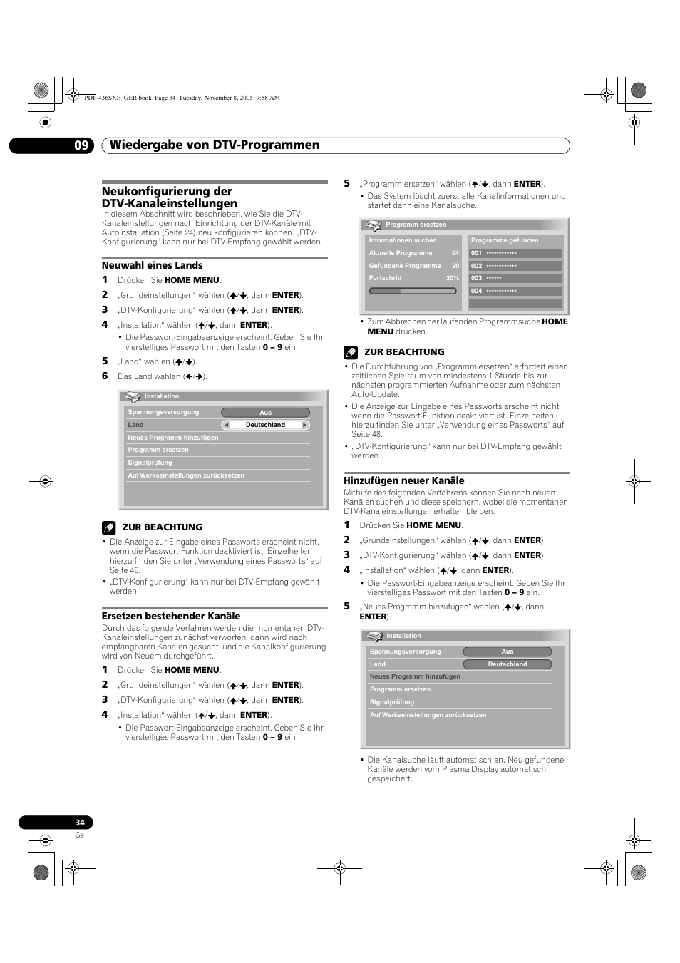 Neukonfigurierung der dtv-kanaleinstellungen, Wiedergabe von dtv-programmen 09 | Pioneer PDP-436SXE User Manual | Page 150 / 176