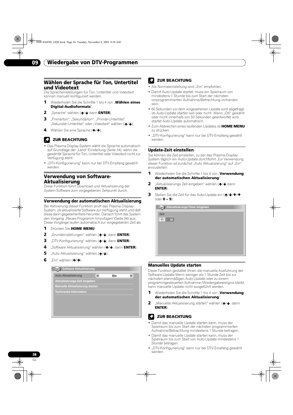 Wiedergabe von dtv-programmen 09, Verwendung von software- aktualisierung | Pioneer PDP-436SXE User Manual | Page 154 / 176