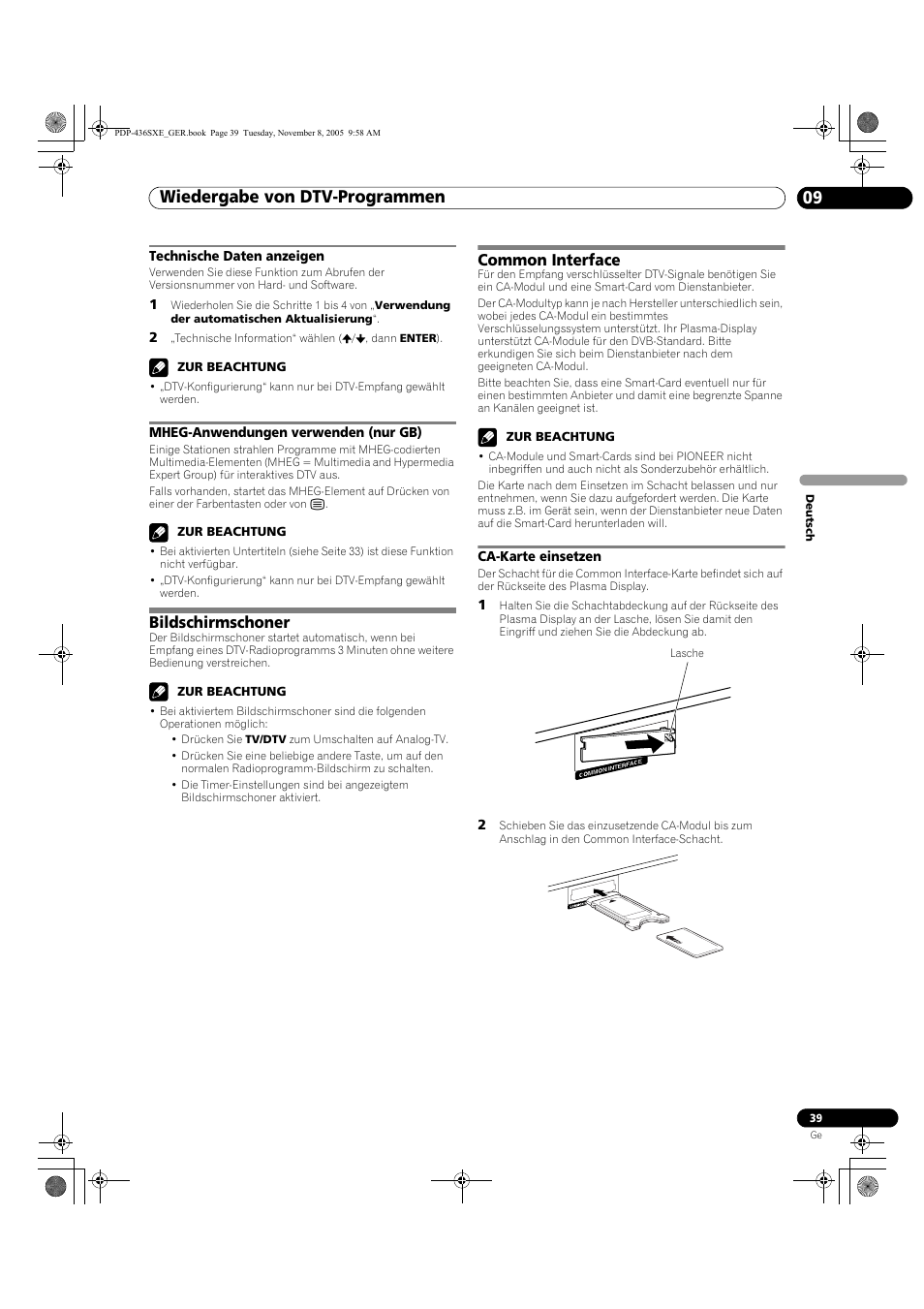 Bildschirmschoner common interface, Ca-karte einsetzen, Wiedergabe von dtv-programmen 09 | Bildschirmschoner, Common interface | Pioneer PDP-436SXE User Manual | Page 155 / 176