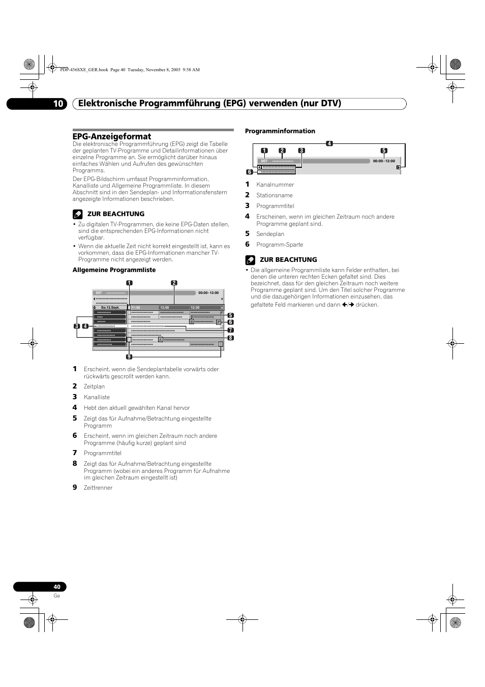 10 elektronische programmführung (epg), Verwenden (nur dtv), Epg-anzeigeformat | Pioneer PDP-436SXE User Manual | Page 156 / 176