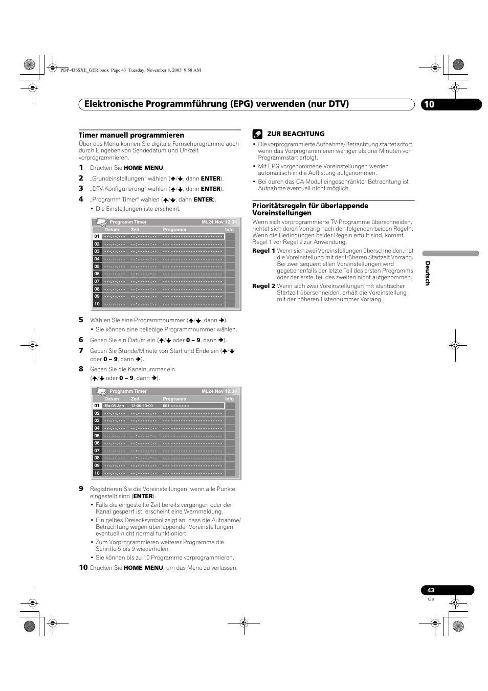 Timer manuell programmieren, Prioritätsregeln für überlappende voreinstellungen, Zur beachtung | Pioneer PDP-436SXE User Manual | Page 159 / 176