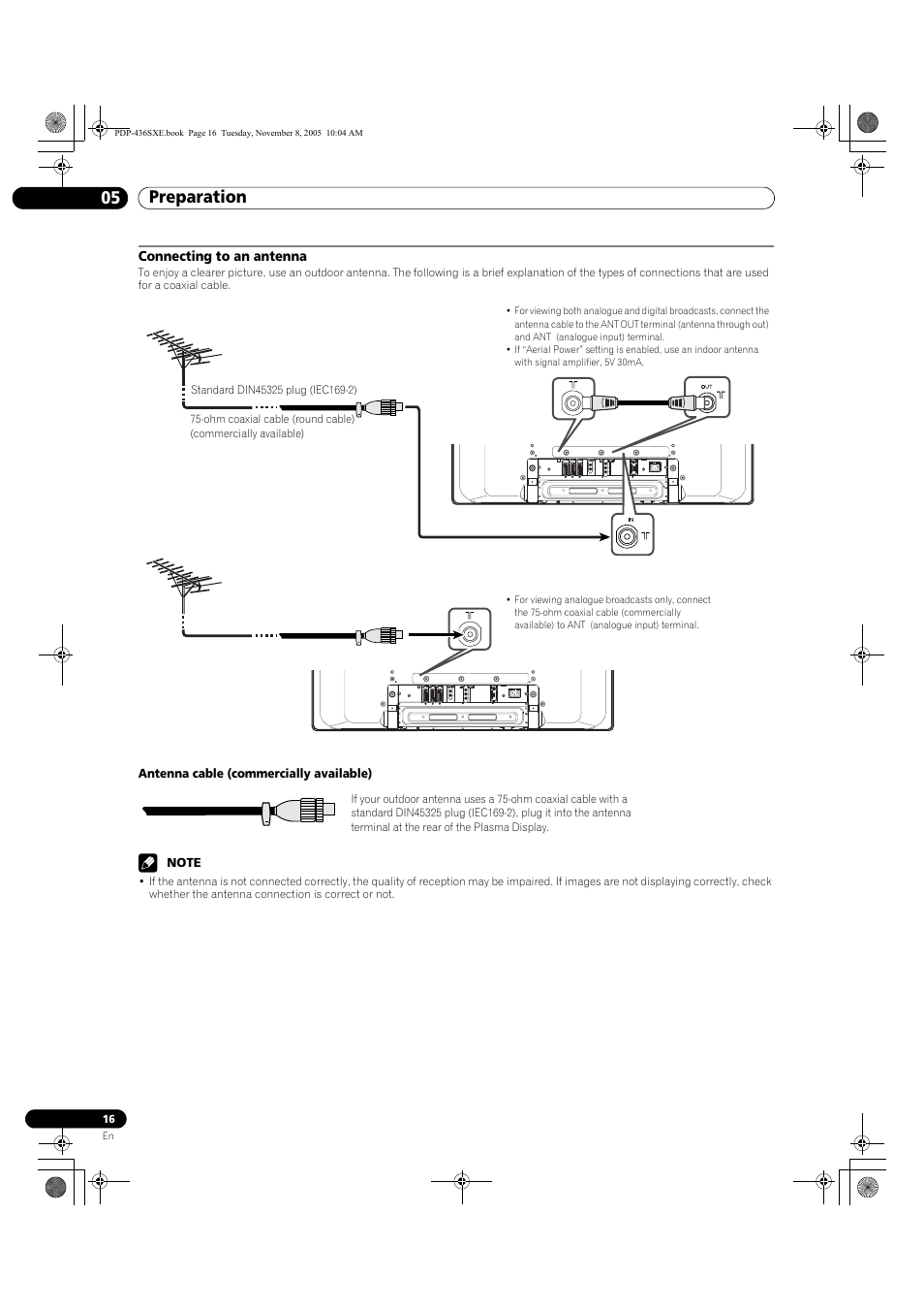 Connecting to an antenna, Preparation 05 | Pioneer PDP-436SXE User Manual | Page 16 / 176