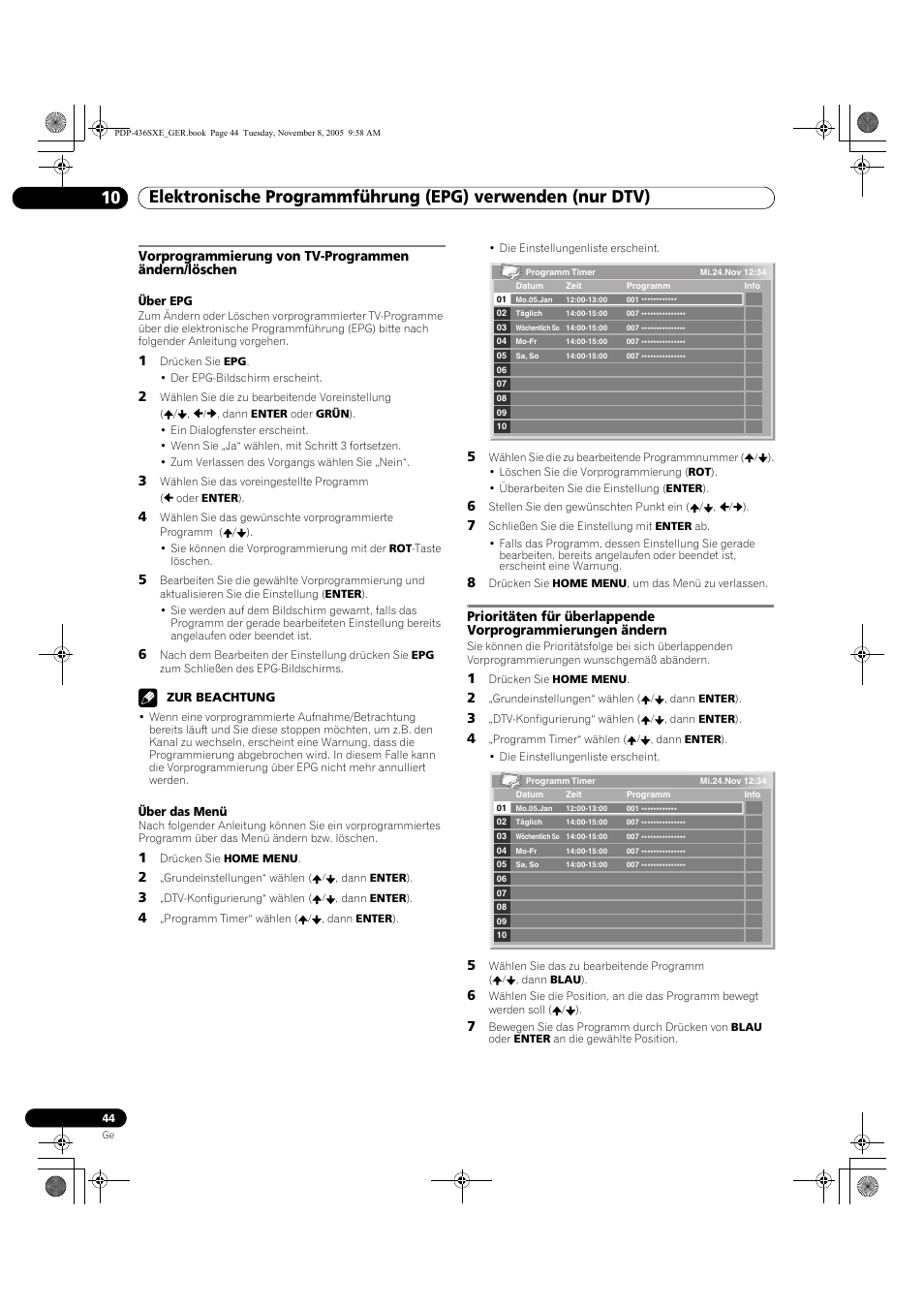 Vorprogrammierung von tv-programmen ändern/löschen | Pioneer PDP-436SXE User Manual | Page 160 / 176