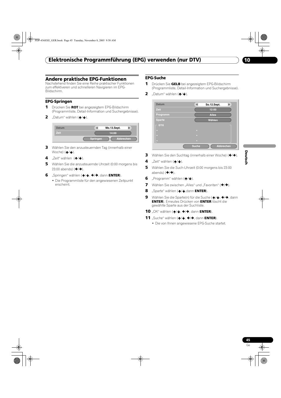 Andere praktische epg-funktionen, Epg-springen epg-suche | Pioneer PDP-436SXE User Manual | Page 161 / 176