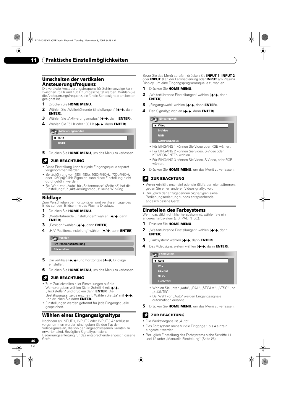 11 praktische einstellmöglichkeiten, Umschalten der vertikalen ansteuerungsfrequenz, Bildlage | Wählen eines eingangssignaltyps, Einstellen des farbsystems | Pioneer PDP-436SXE User Manual | Page 162 / 176