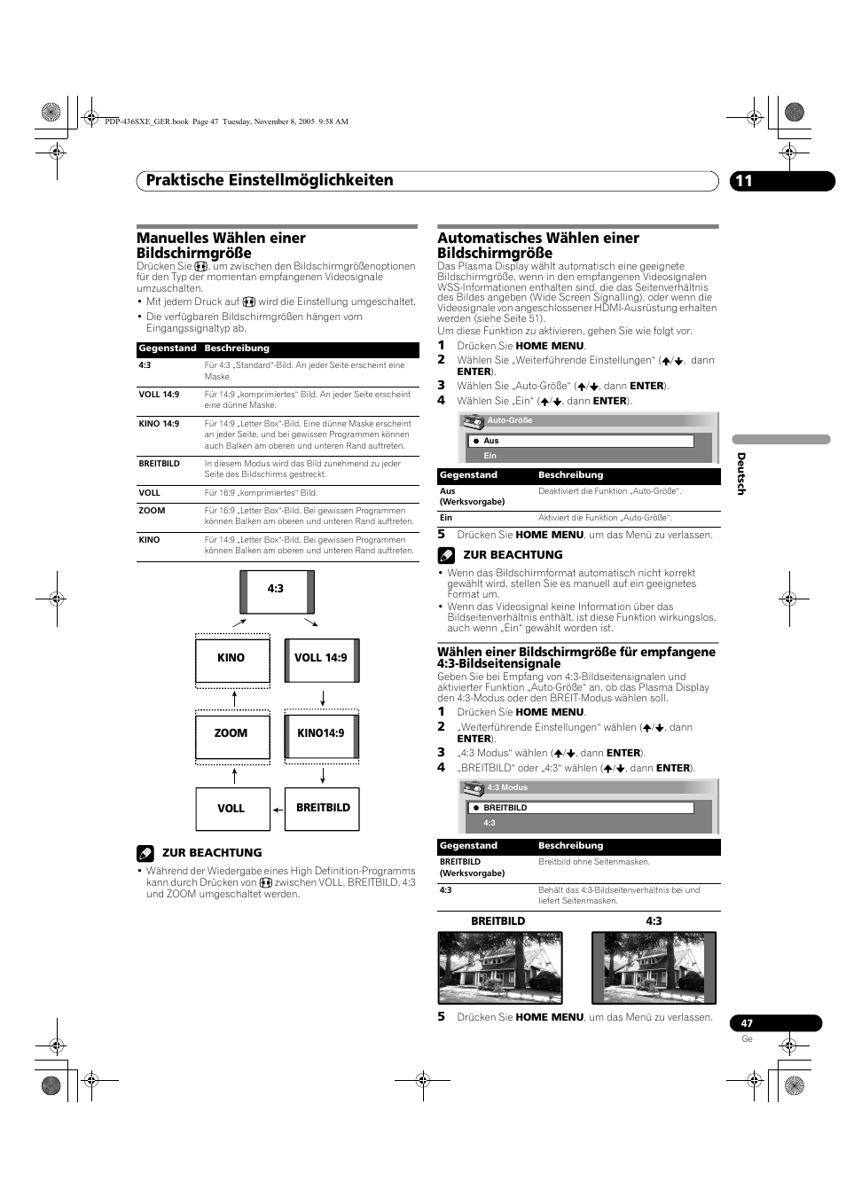 Praktische einstellmöglichkeiten 11, Manuelles wählen einer bildschirmgröße, Automatisches wählen einer bildschirmgröße | Pioneer PDP-436SXE User Manual | Page 163 / 176