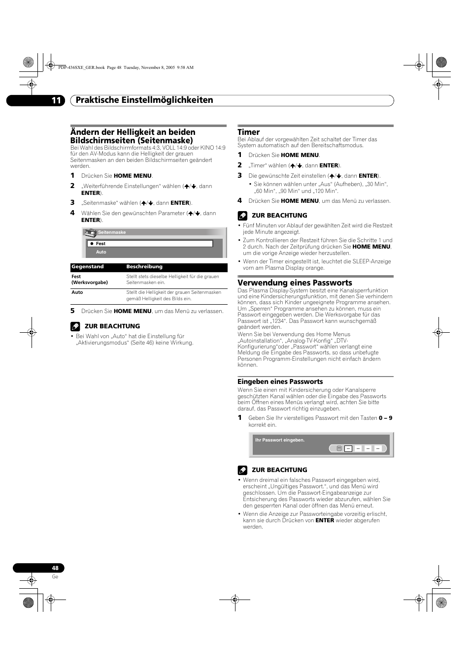 Eingeben eines passworts, Praktische einstellmöglichkeiten 11, Timer | Verwendung eines passworts | Pioneer PDP-436SXE User Manual | Page 164 / 176