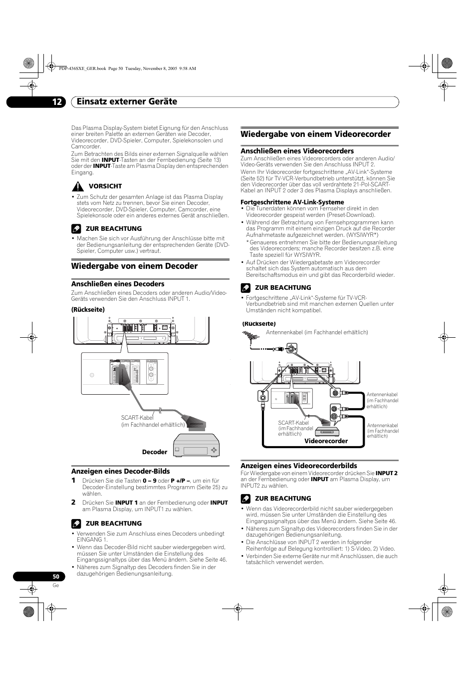 12 einsatz externer geräte, Wiedergabe von einem decoder, Wiedergabe von einem videorecorder | Einsatz externer geräte 12 einsatz externer geräte | Pioneer PDP-436SXE User Manual | Page 166 / 176