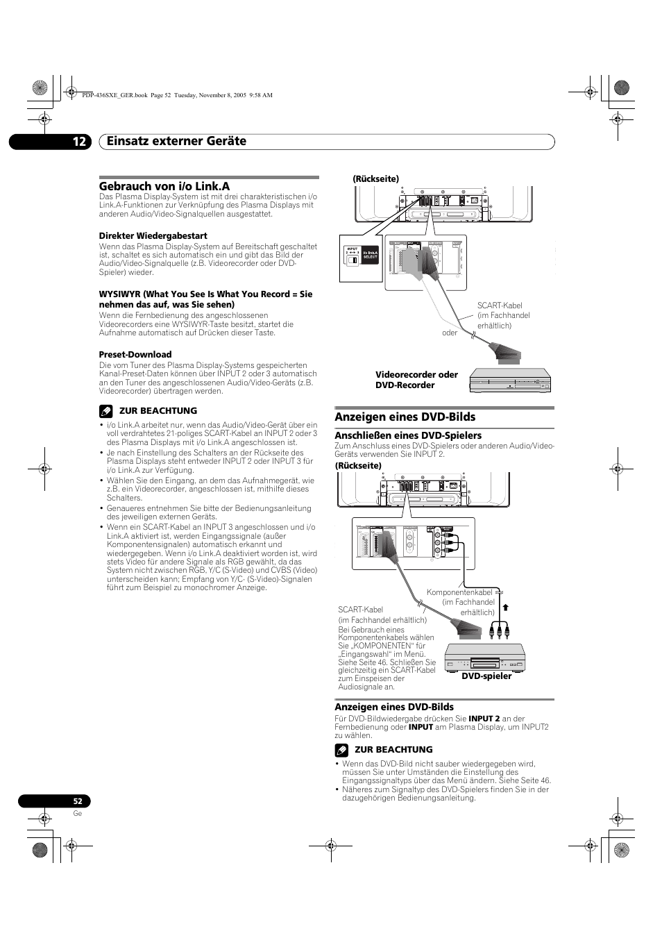 Gebrauch von i/o link.a anzeigen eines dvd-bilds, Einsatz externer geräte 12, Gebrauch von i/o link.a | Anzeigen eines dvd-bilds, Anschließen eines dvd-spielers | Pioneer PDP-436SXE User Manual | Page 168 / 176