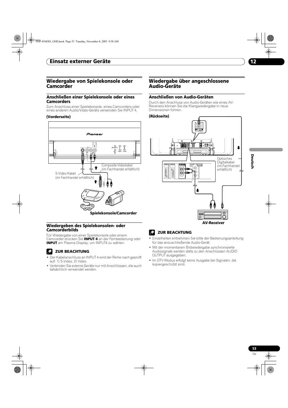 Wiedergabe von spielekonsole oder camcorder, Wiedergabe über angeschlossene audio-geräte, Anschließen von audio-geräten | Einsatz externer geräte 12 | Pioneer PDP-436SXE User Manual | Page 169 / 176